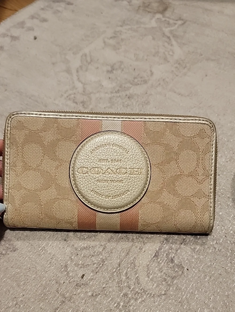Coach Dempsey Beige and Pink Signature Zip Wallet With Leather Logo Patch